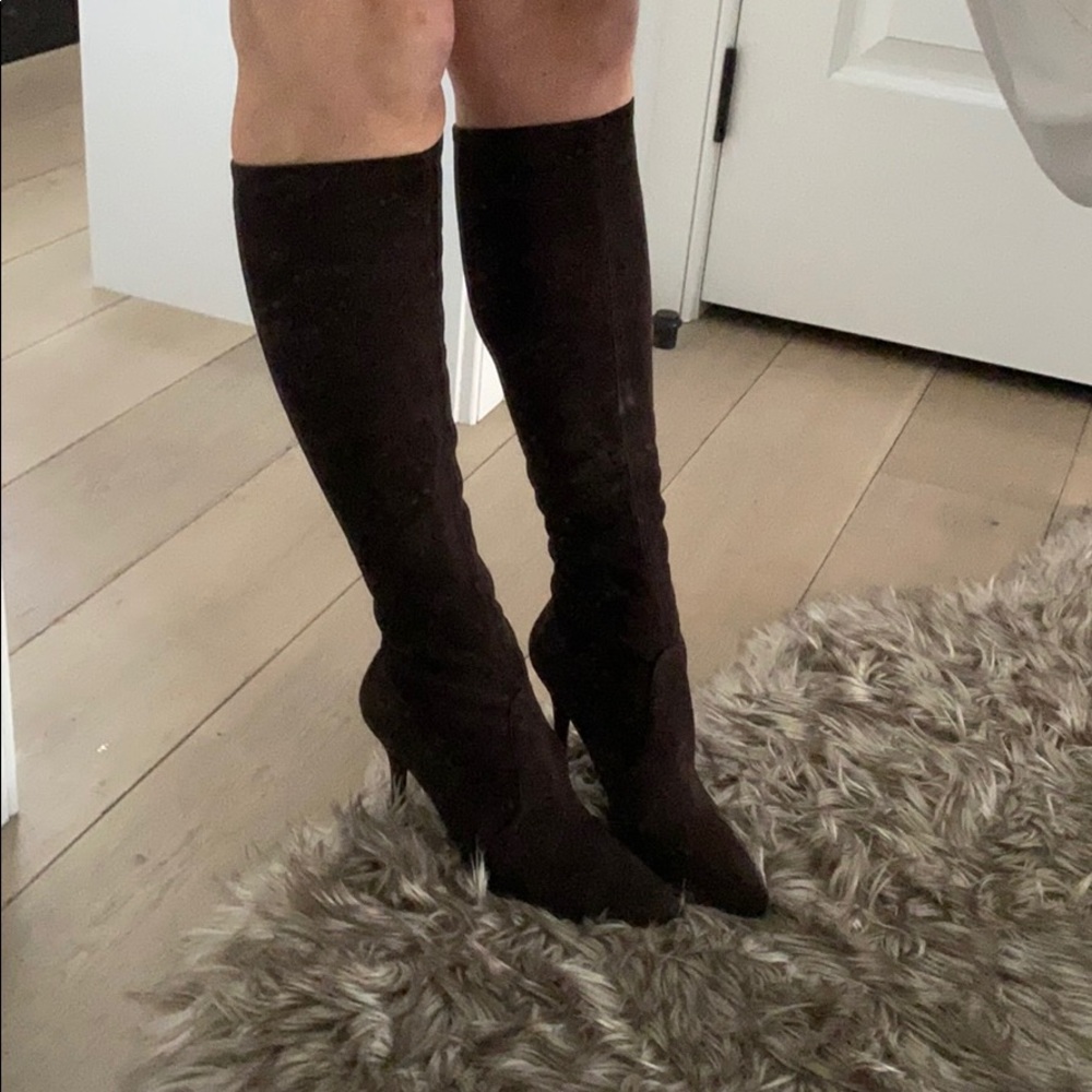 Stuart Weitzman Dark Brown Knee-High Suede Heeled Boots